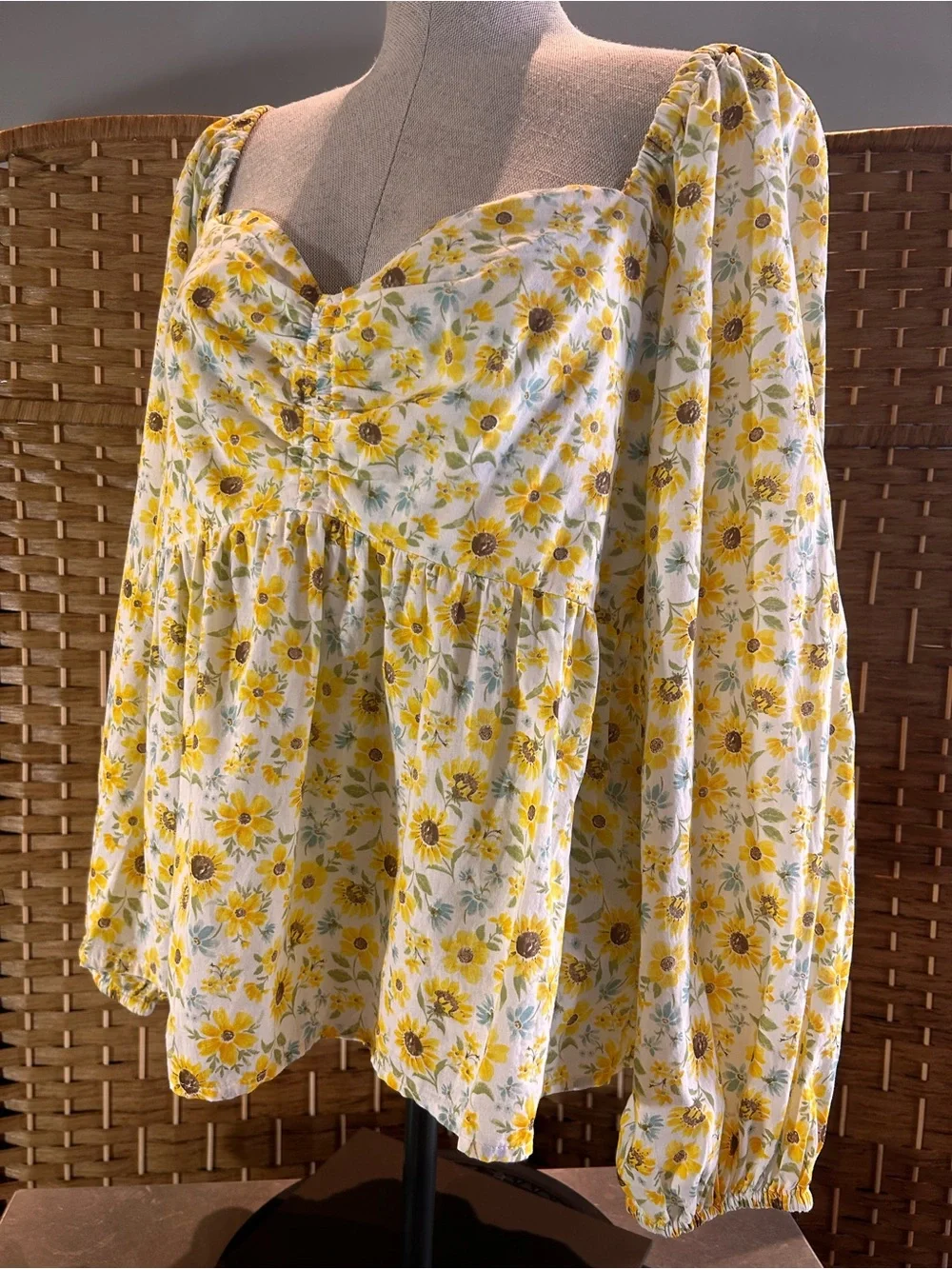 Sunflower Cotton Peplum Blouse Cottagecore Prairie Boho Smocked Back Large
